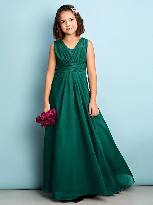 A-Line V Neck Chiffon Flower Girl Dress - Floor Length With Criss Cross Natural Mini Me