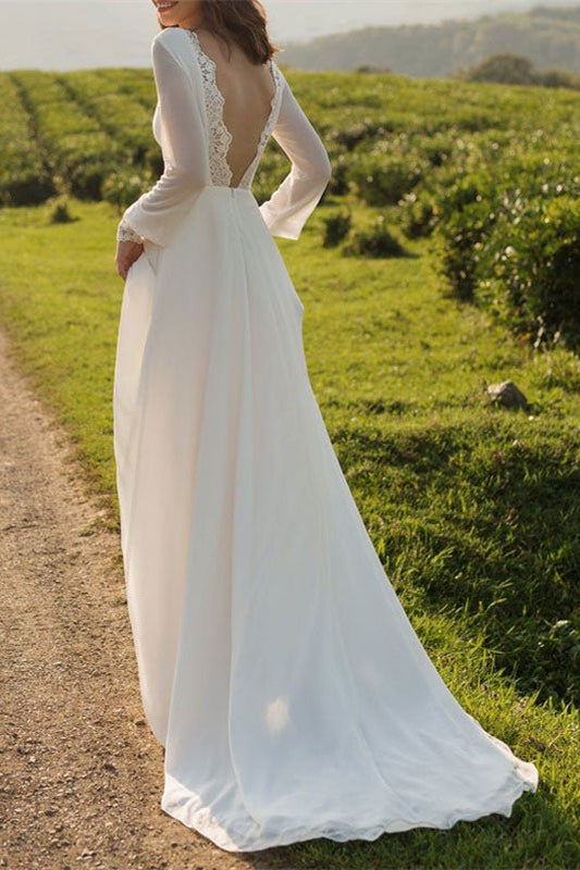 Backless Chiffon Wedding Dress with Long Sleeves