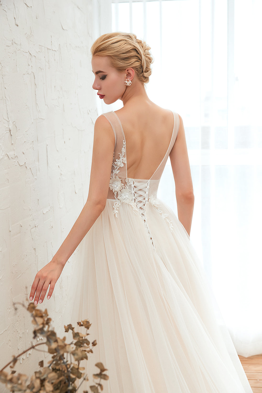 Romantic A-Line Wedding Dress with Wide Straps and Deep V-neck Tulle
