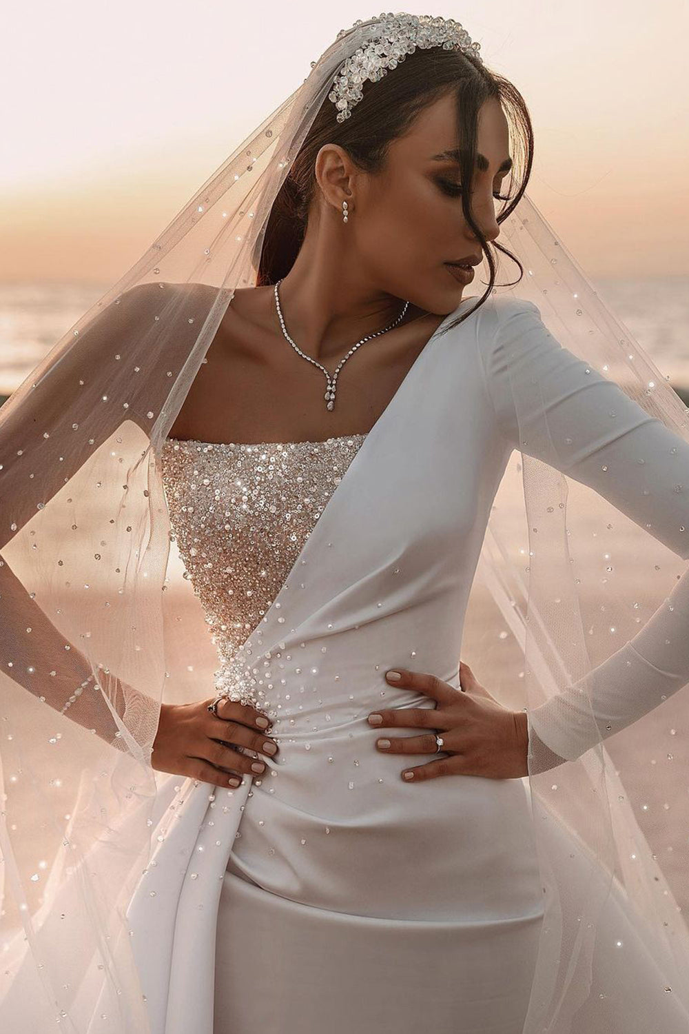 One Shoulder A-line Wedding Dress with Sequins and Long Sleeves