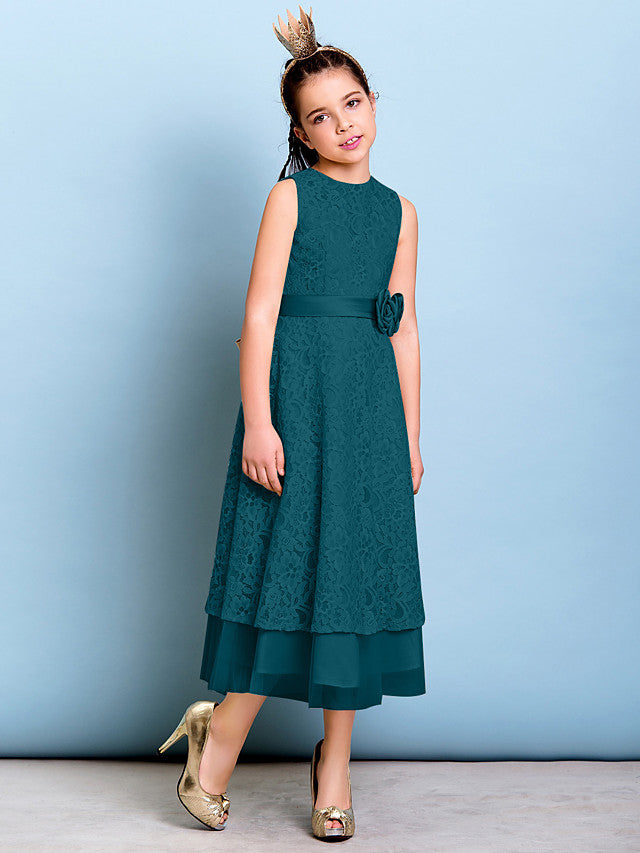 A-Line Jewel Neck Tea Length Floral Lace Junior Bridesmaid Dress with Sash & Accessories