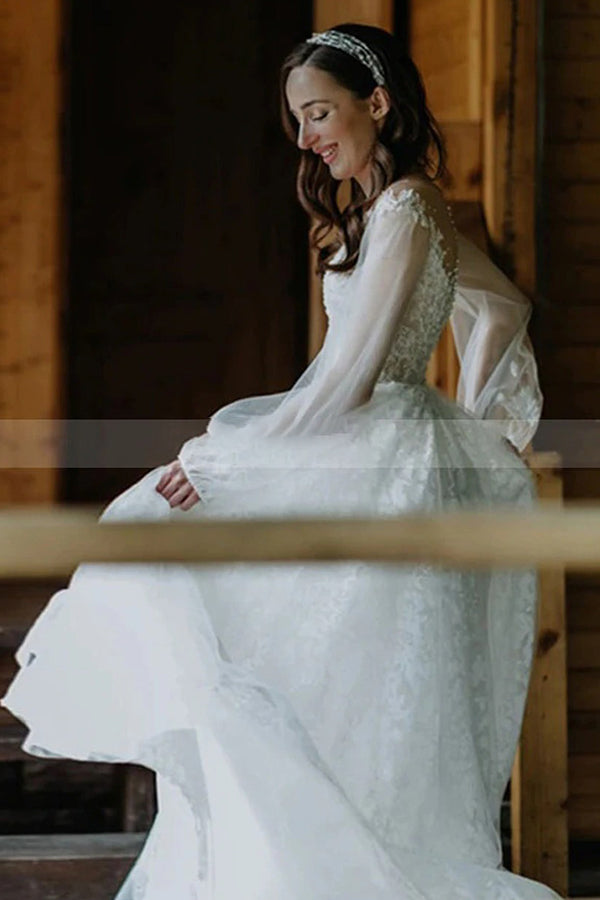 Stunning A-line Tulle Long Sleeves Lace Wedding Dress