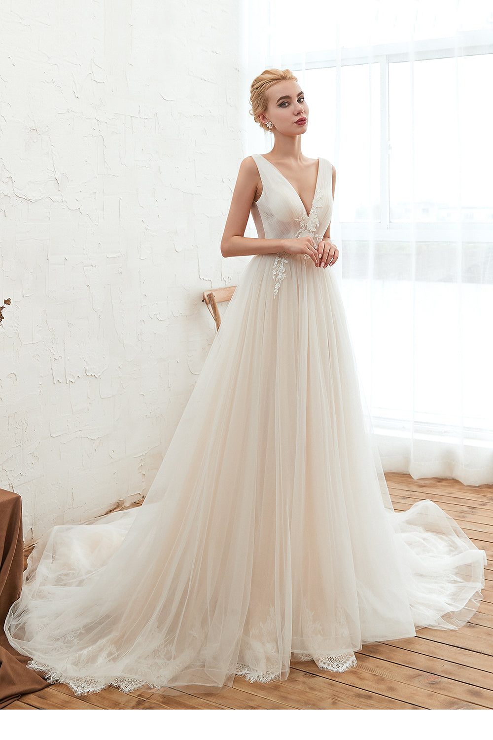 Romantic A-Line Wedding Dress with Wide Straps and Deep V-neck Tulle