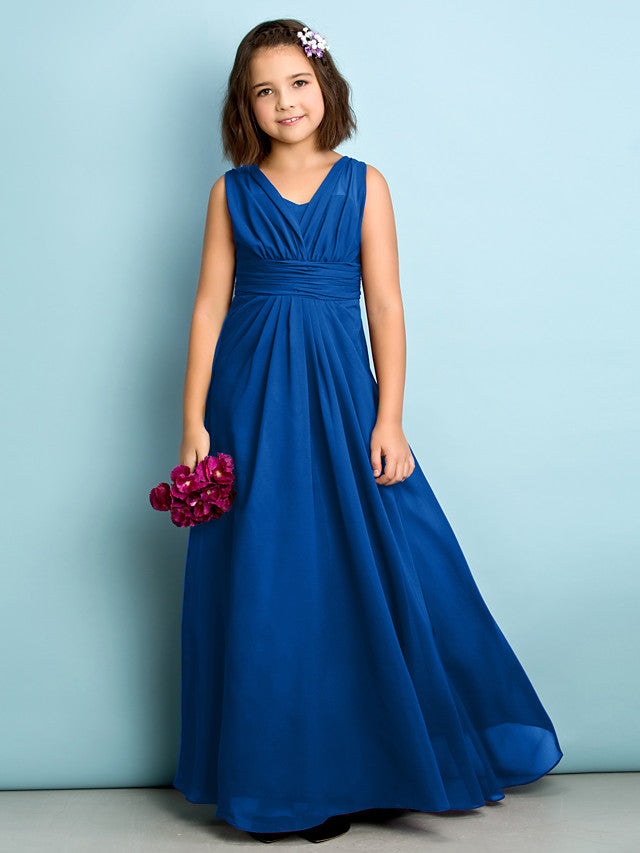 A-Line V Neck Chiffon Flower Girl Dress - Floor Length With Criss Cross Natural Mini Me