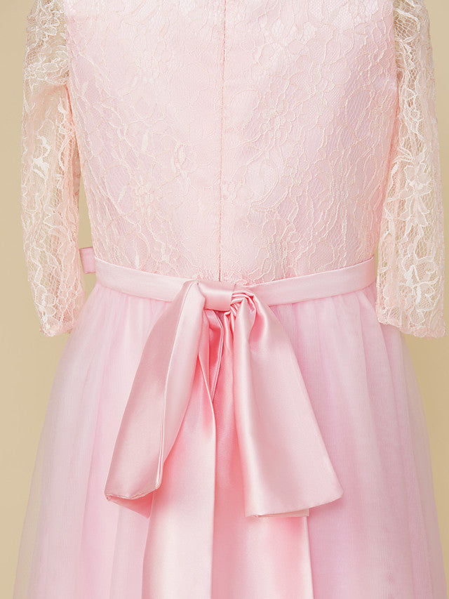 A-Line Jewel Neck Lace/Tulle Junior Bridesmaid Dress with Bow(s) for Wedding Party