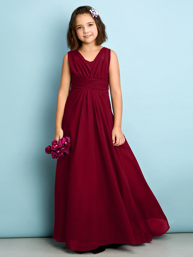 A-Line V Neck Chiffon Flower Girl Dress - Floor Length With Criss Cross Natural Mini Me