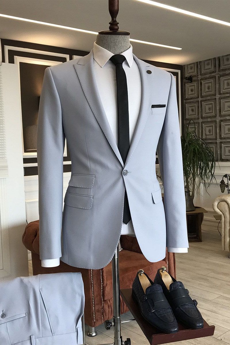 Silver Peaked Lapel Western Suit: Simple One-Button for Weddings