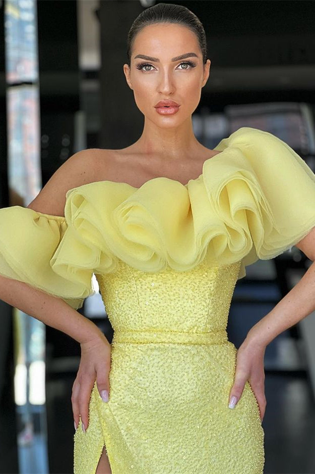 Mermaid Off-The-Shoulder Evening Dress with Split Sequins - Daffodil