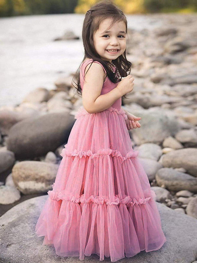 Polyester Ball Gown Sleeveless Dress with Jewel Flower Print for Girls