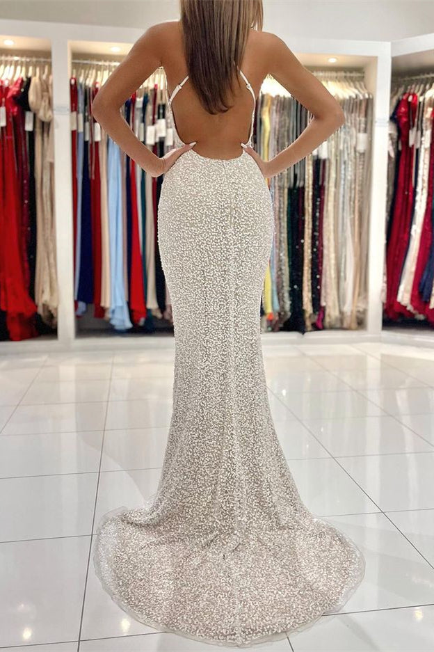 Sequined Mermaid Prom Dress with Open Back and Spaghetti Straps