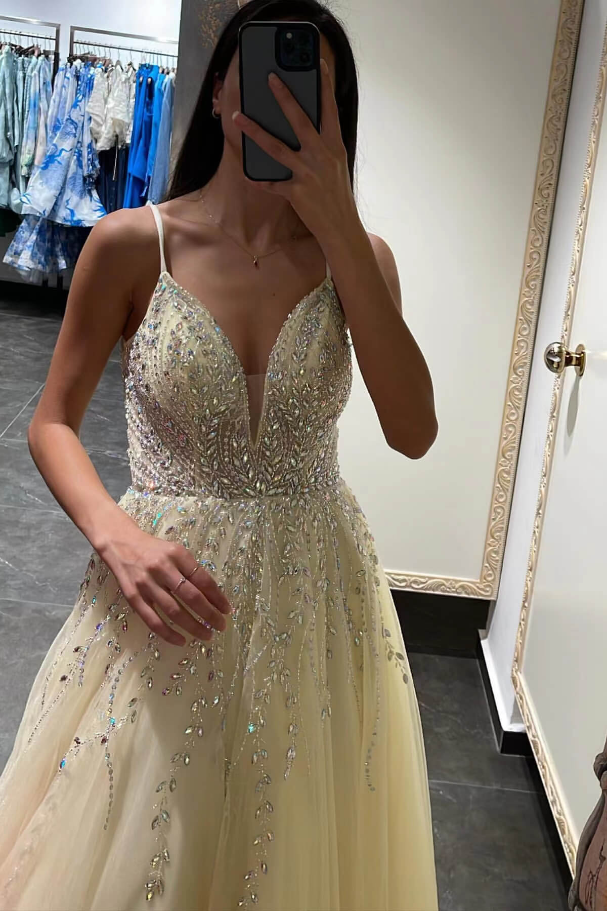 Glamorous Daffodil Tulle A-Line Prom Dress With Beadings