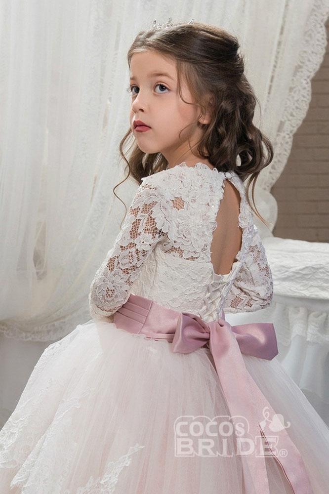 Lace-Trimmed Purple Ball Gown for Girls with Long Sleeves & Scoop Neck