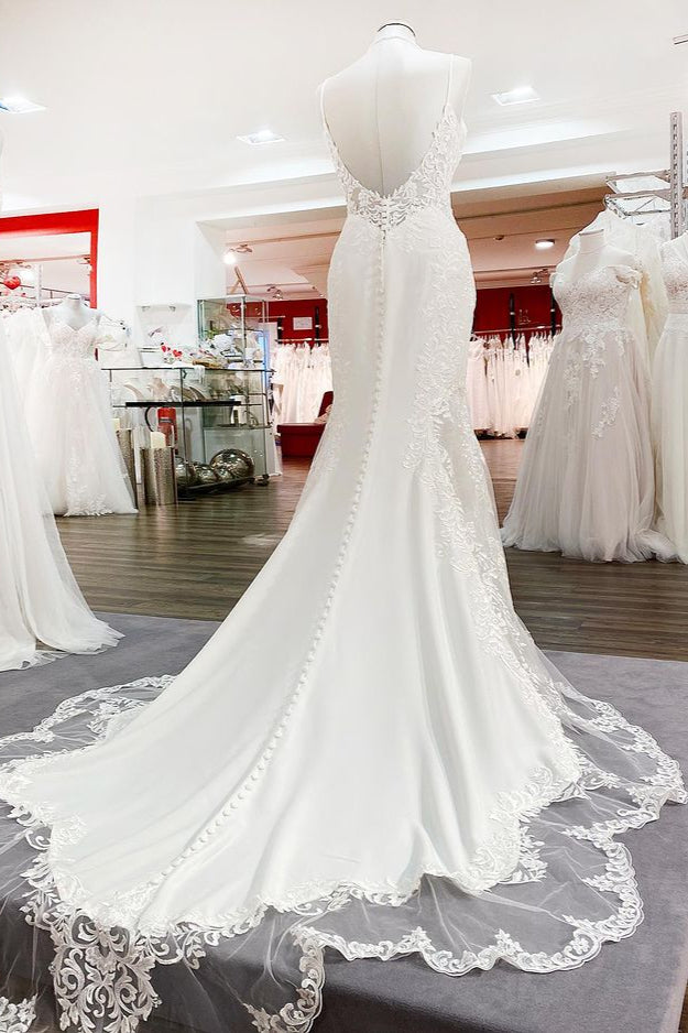 Elegant Long Mermaid Wedding Dress with Lace Satin Spaghetti Straps & Open Back