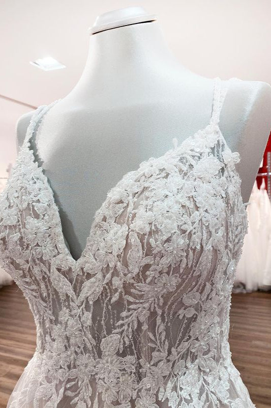 Modest Lace Tulle Wedding Dress with V-Neck and Ruffles