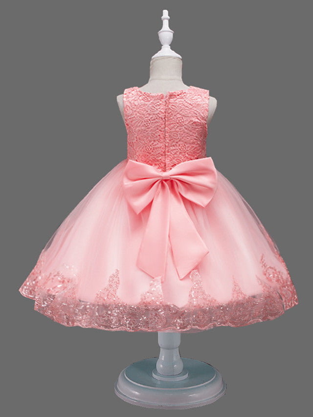 Princess Midi Lace/Tulle Jewel Neck Dress for Wedding/Birthday with Petal/Lace/Embroidery