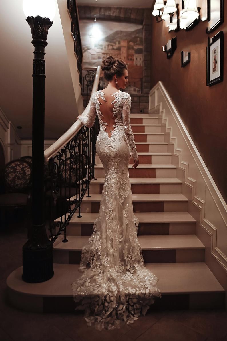 Unique Long Sleeve Mermaid Wedding Dress with Appliques Lace