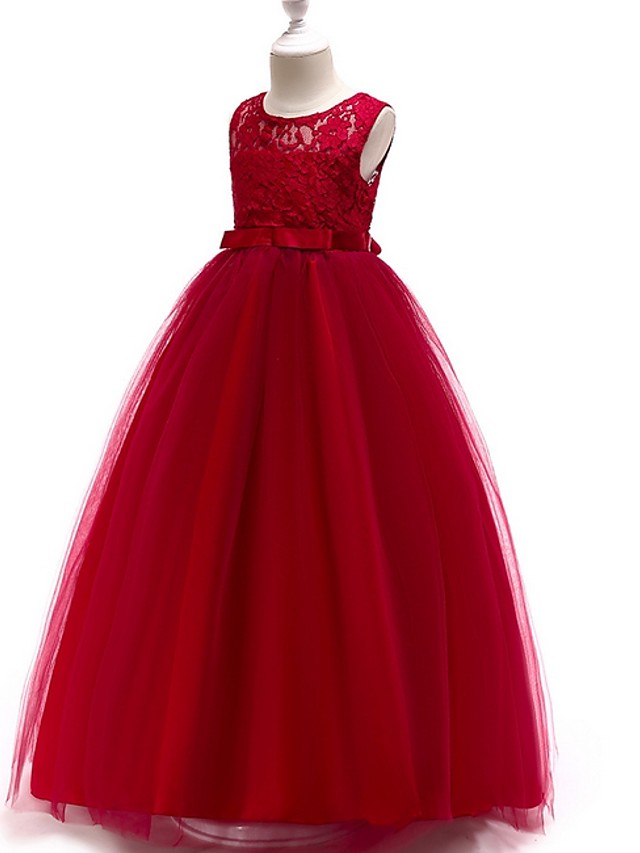 Sleeveless A-Line Round Floor Length Flower Girl Dress with Lace