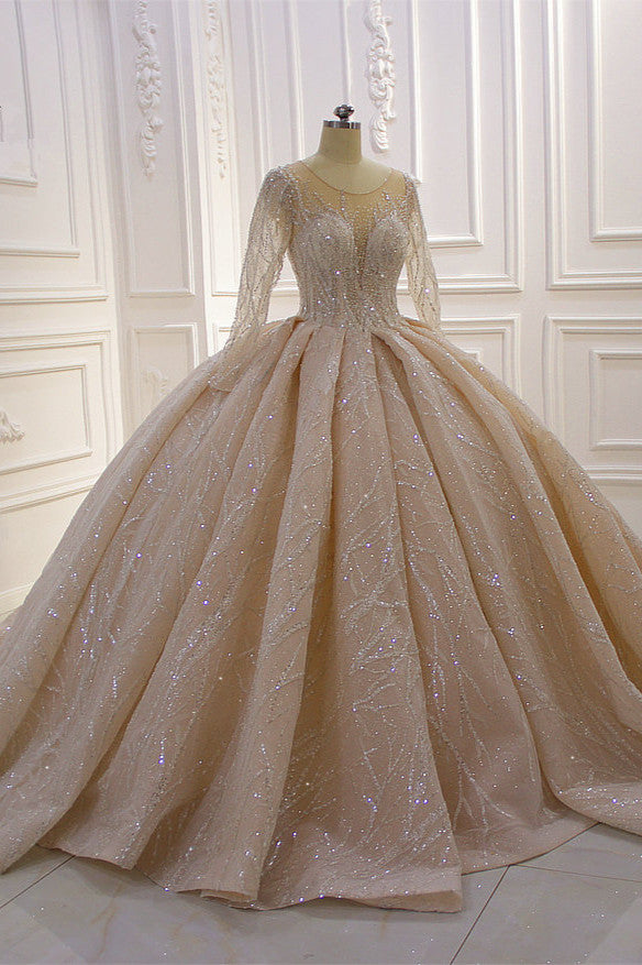 Gorgeous Bateau Long Sleeves Floor-length Ball Gown Wedding Dress with Ruffles