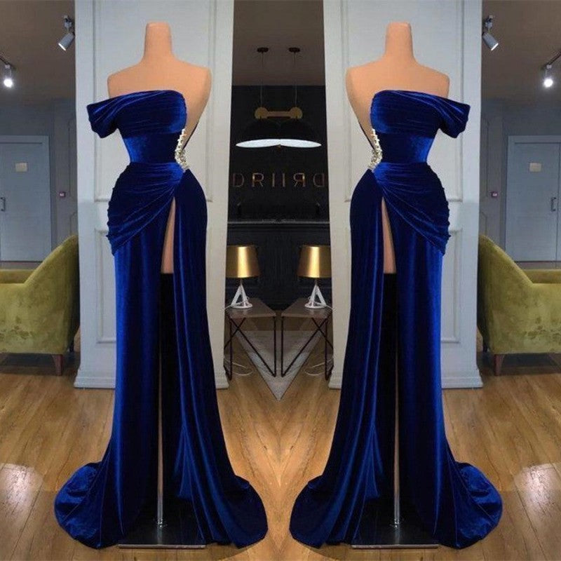 One Shoulder Dark Blue Mermaid Prom Dress with Beads and Long Split