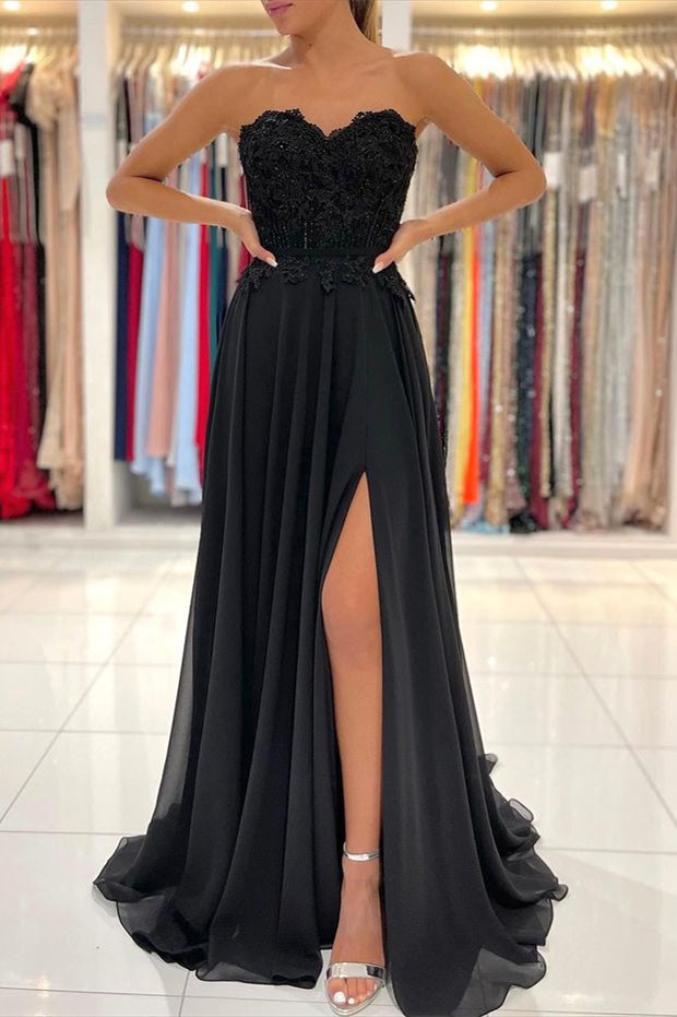 Black Sweetheart Split Prom Dress with Appliques