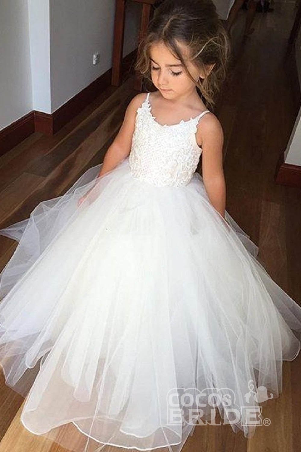 Lace-Embellished Square Neckline Sleeveless Ball Gown Flower Girl Dress