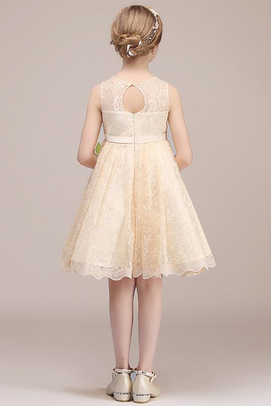Jewel Sleeveless Illusion Neck Flower Girl Dress with Tulle Lace