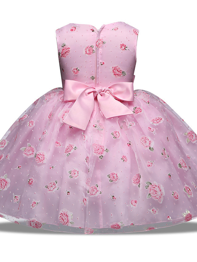 Princess Midi Wedding/Party Satin/Tulle Sleeveless Jewel Neck With Bow(s) Tier Pattern and Print
