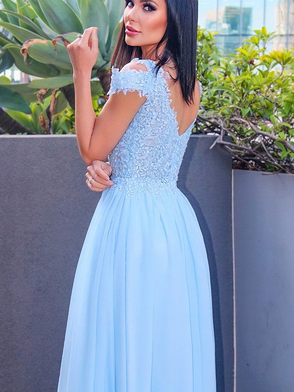 Classy Sky Blue Long Prom Dress with Cap Sleeves and Front Split