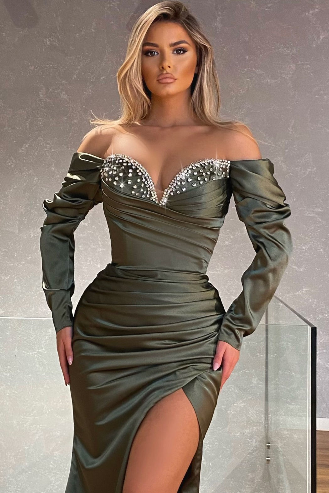 Long Sleeves Prom Dress with Mermaid Beadings and Split Sweetheart