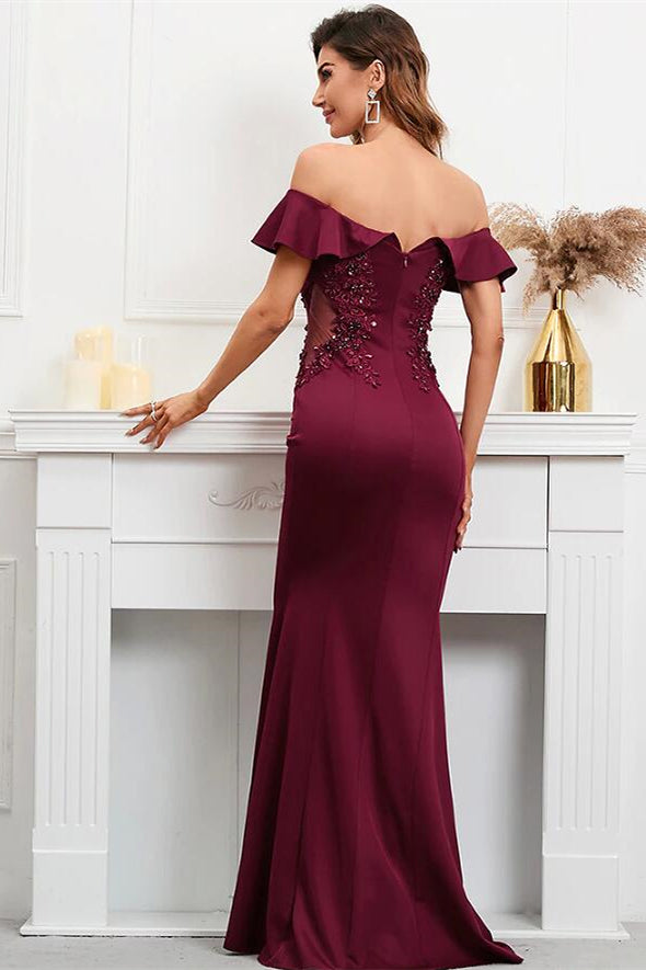 Burgundy Off-The-Shoulder Mermaid Appliques Evening Dress