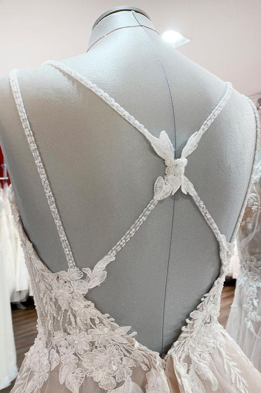 Elegant Long A-line V Neck Sleeveless Backless Wedding Dress with Ruffles