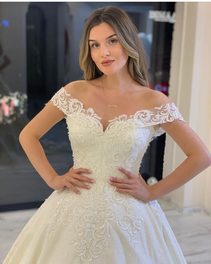 A-Line Off-the-Shoulder Backless Train Wedding Dress with Appliques Lace