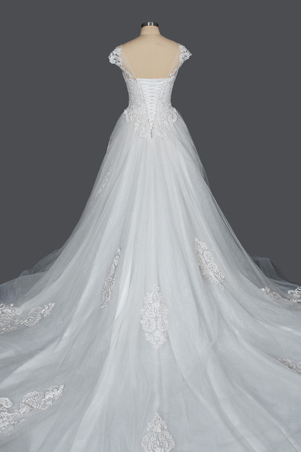 Elegant Lace V-neck Tulle Ball Gown Wedding Dress With Cap Sleeves