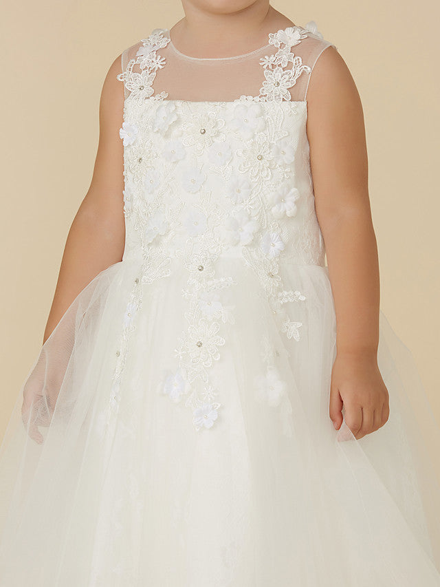 Gorgeous Lace Tulle Sleeveless Illusion Neck Flower Girl Dress With Beading Appliques