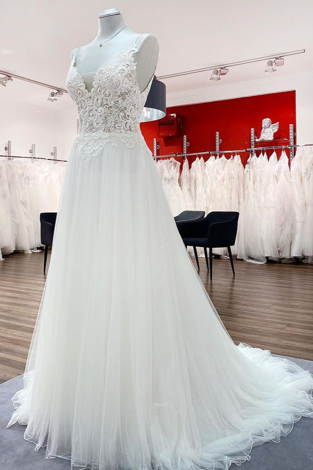 Classy V-Neck Sleeveless Lace Ruffles A-line Tulle Wedding Dress