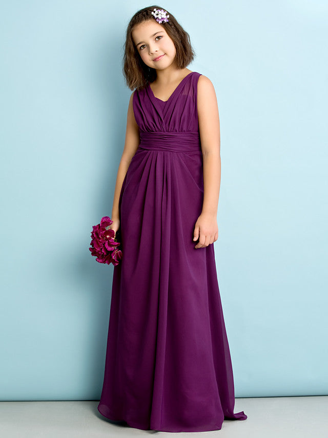 A-Line V Neck Chiffon Flower Girl Dress - Floor Length With Criss Cross Natural Mini Me