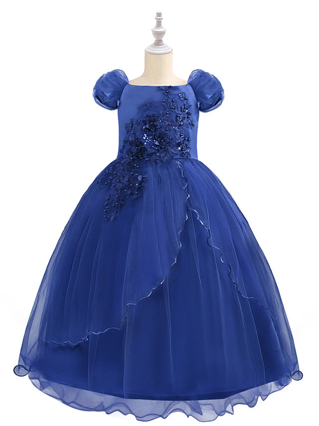 Short Sleeve Boat Neck Chiffon Tulle Flower Girl Dress with Beading Appliques & Paillette