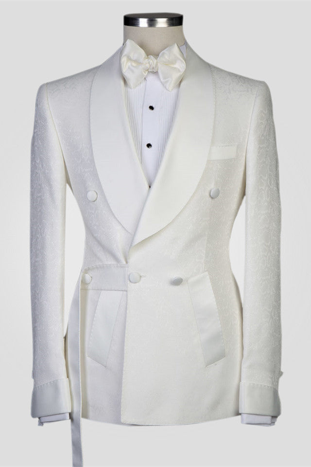 Roy White Jacquard Shawl Lapel Double Breasted Men Suits for Wedding Prom