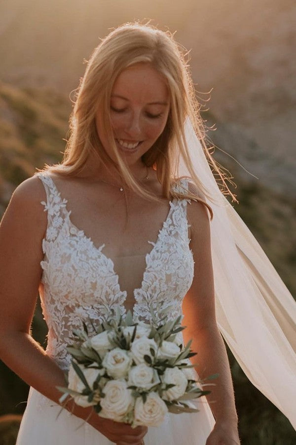 Modest Boho Long A-line V-neck Backless Lace Tulle Wedding Dress