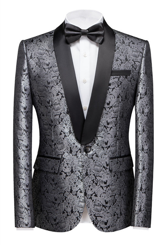Unique Silver Jacquard Wedding Suit for Men with Shawl Lapel and One Button