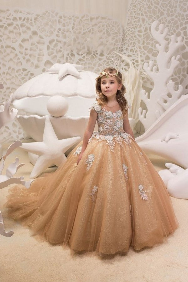 Beautiful A-line Bateau Train Flower Girl Dress with Tulle Lace Sequins and Appliques