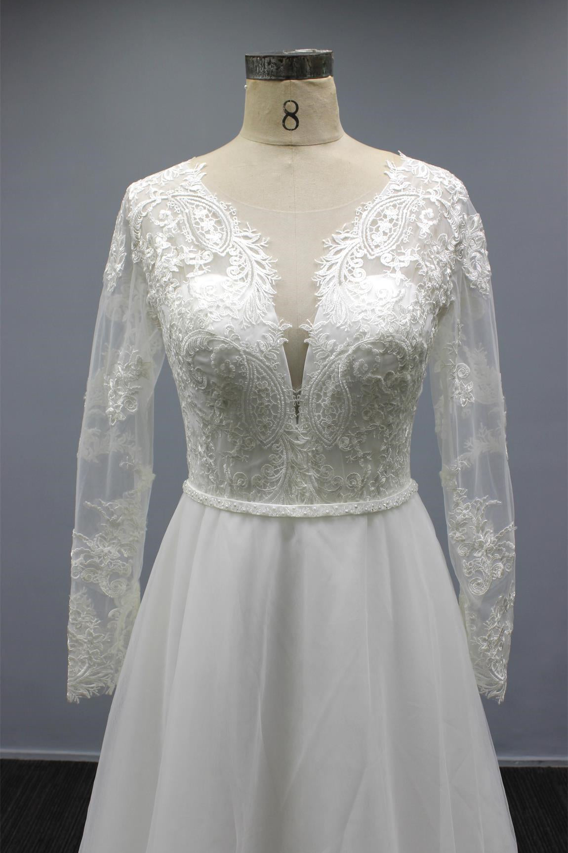 White A Line Long Sleeves Tulle Wedding Dress with Chiffon V Neck and Appliques