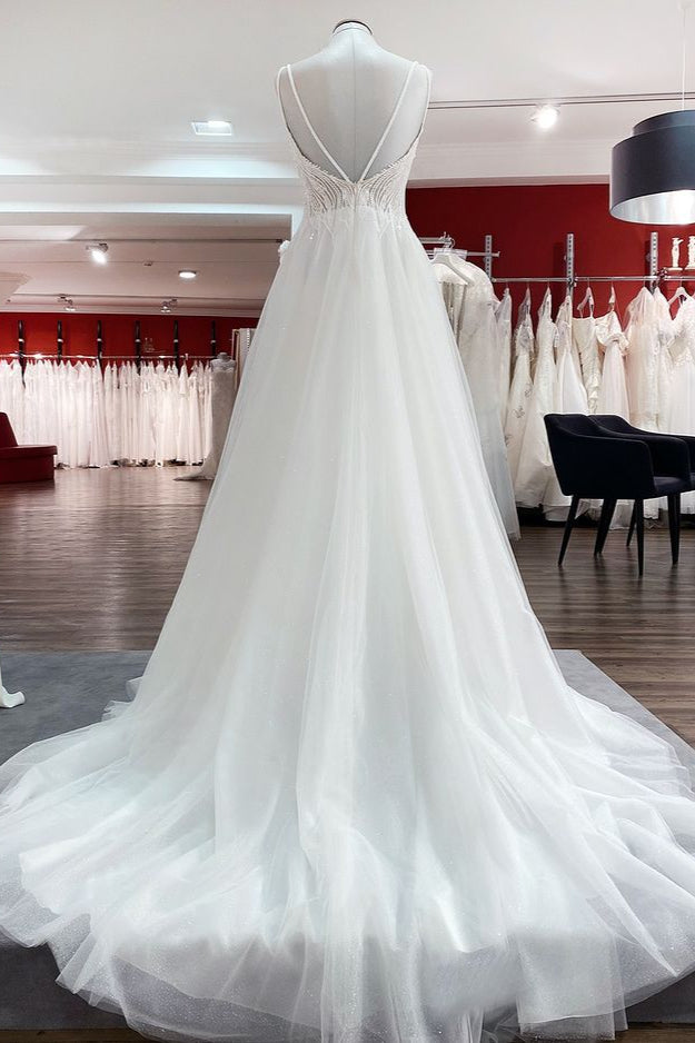A-line Tulle Wedding Dress with Sequins Ruffles and Long V-neck Backless Style