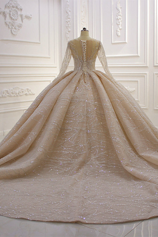 Gorgeous Bateau Long Sleeves Floor-length Ball Gown Wedding Dress with Ruffles