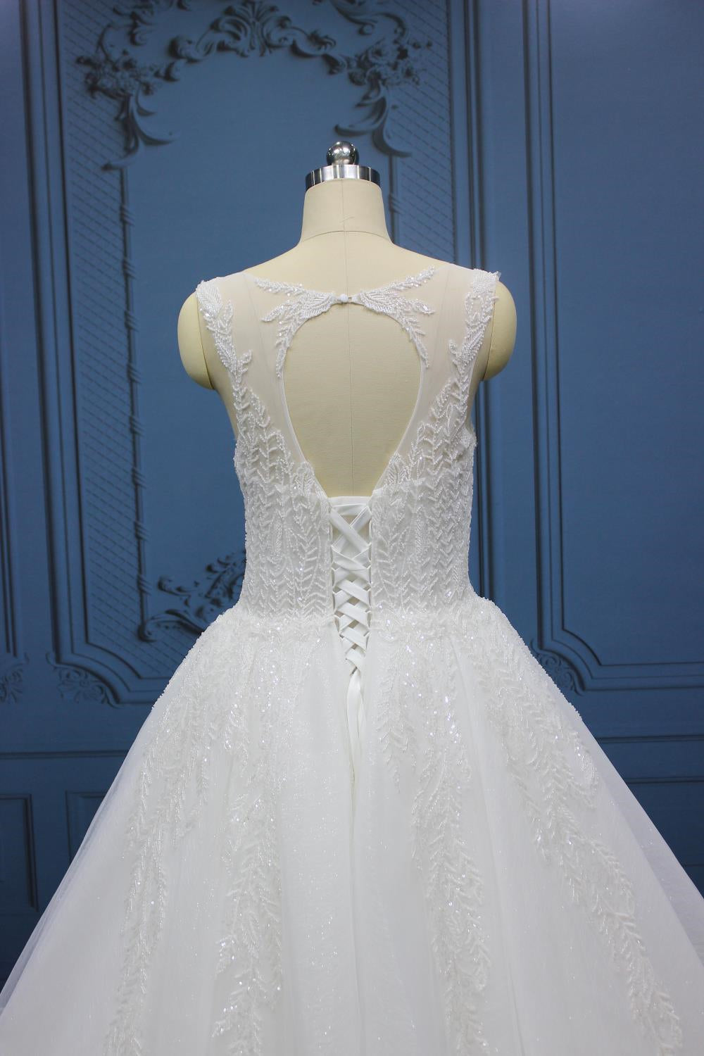 White A Line Sweetheart Wedding Dress with Flash Powder Appliques and Open Back