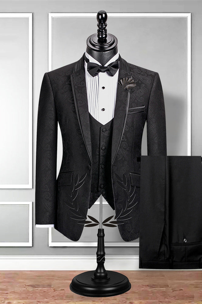 Chic Black Slim Fit Jacquard Wedding Suit For Men with Notched Lapel