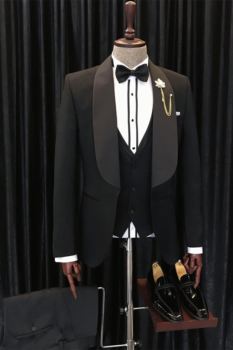 Alfred Chic Black Three Pieces Shawl Lapel Wedding Suit for Men