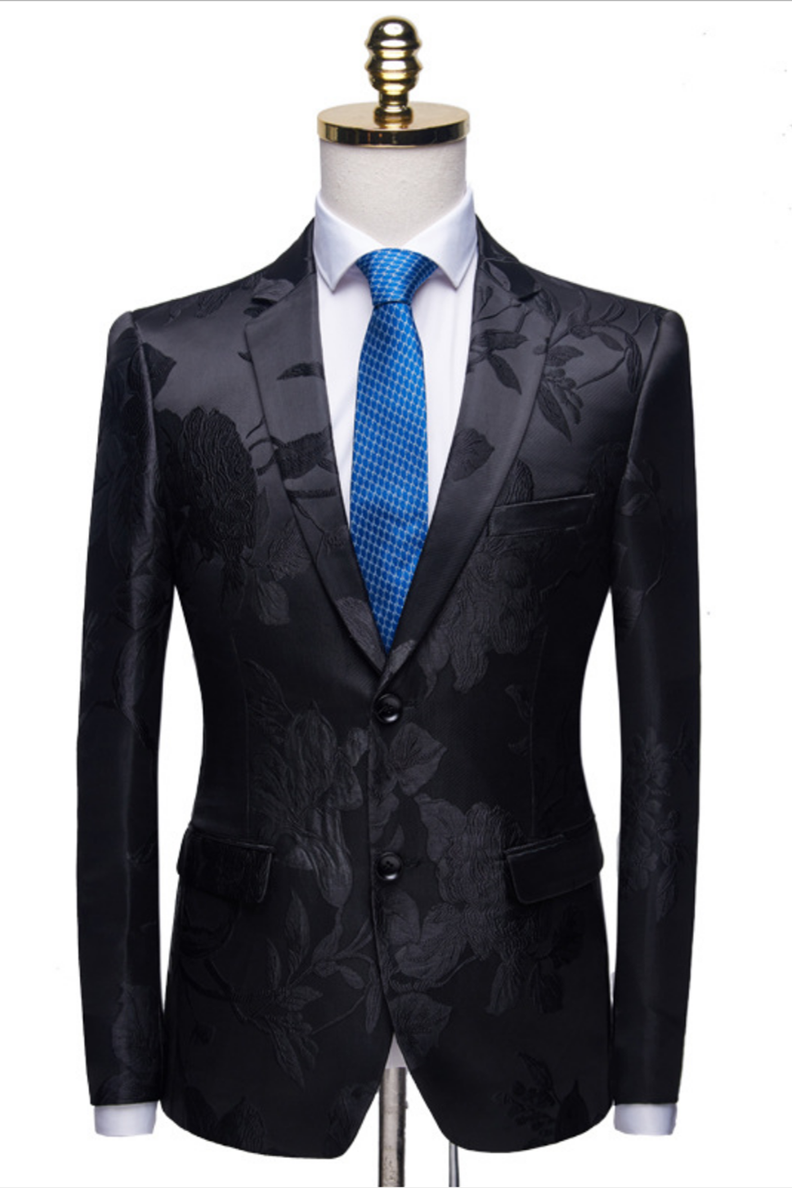 Handsome Black Notched Lapel Two Button Floral Jacquard Men's Suit