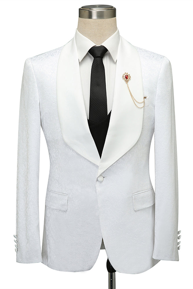 Chic White Jacquard Slim Fit Shawl Lapel Wedding Suit for Men