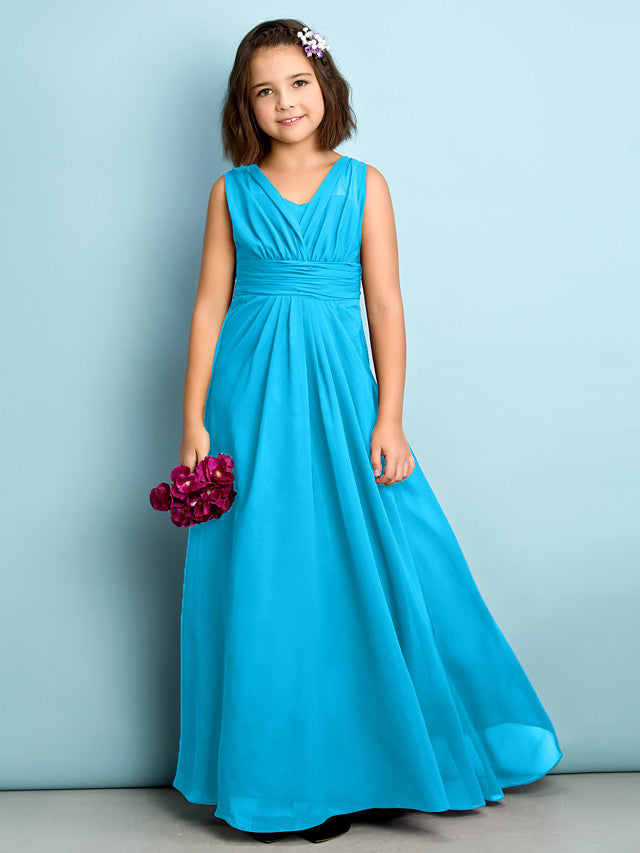 A-Line V Neck Chiffon Flower Girl Dress - Floor Length With Criss Cross Natural Mini Me